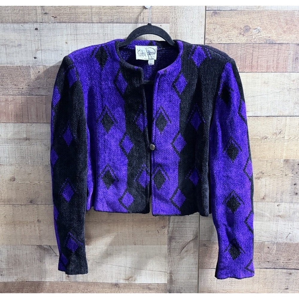 Kristy Jensen Jacket Women S Purple Black 90s Vintage Argyle Cropped Excellent